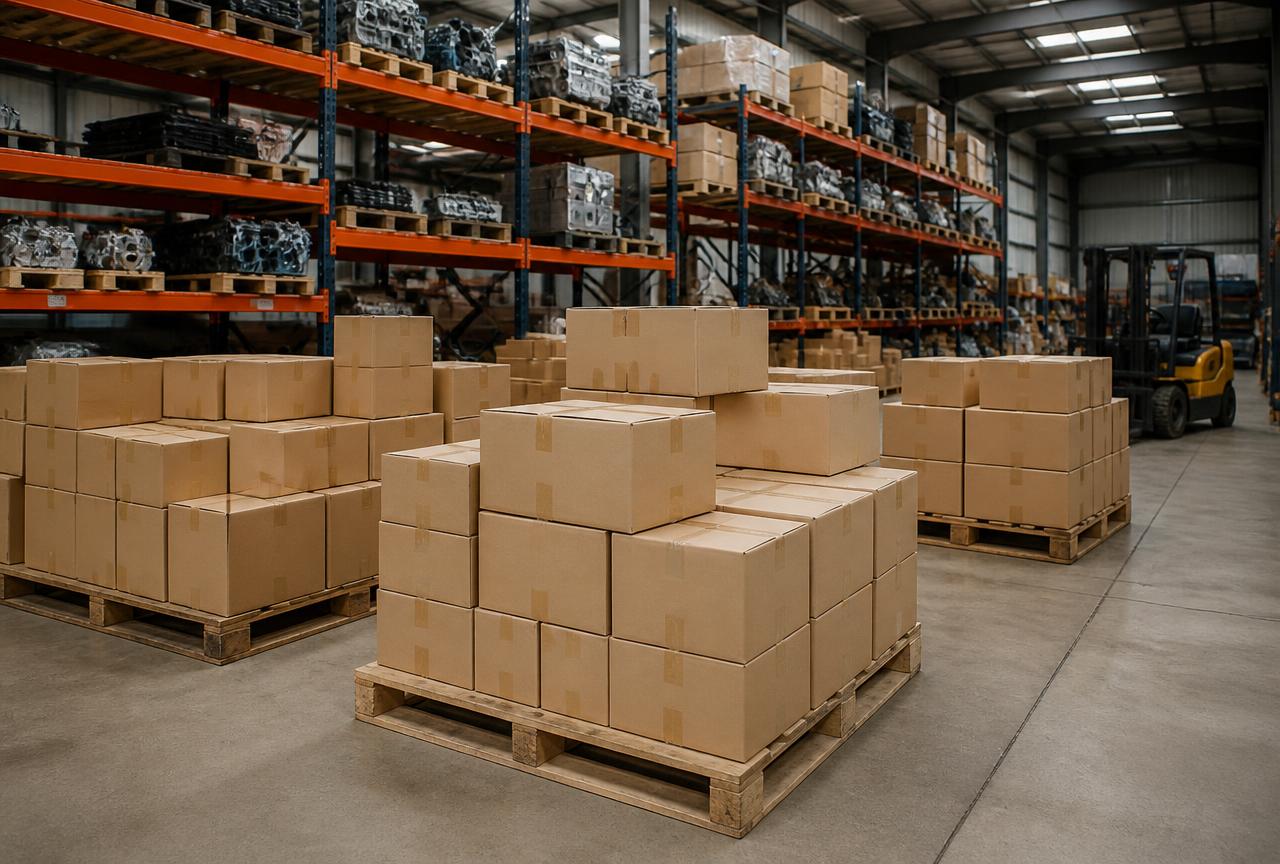 Estoque de autopeças em pallets dentro de um centro de distribuição